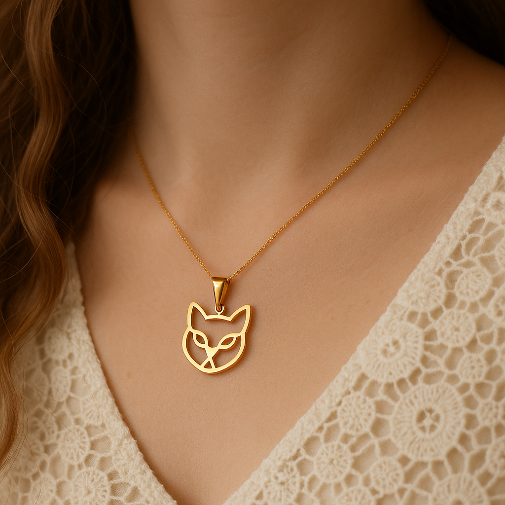 آویز طلا طرح گربه Tisagold روی گردن مدل با لباس سفید