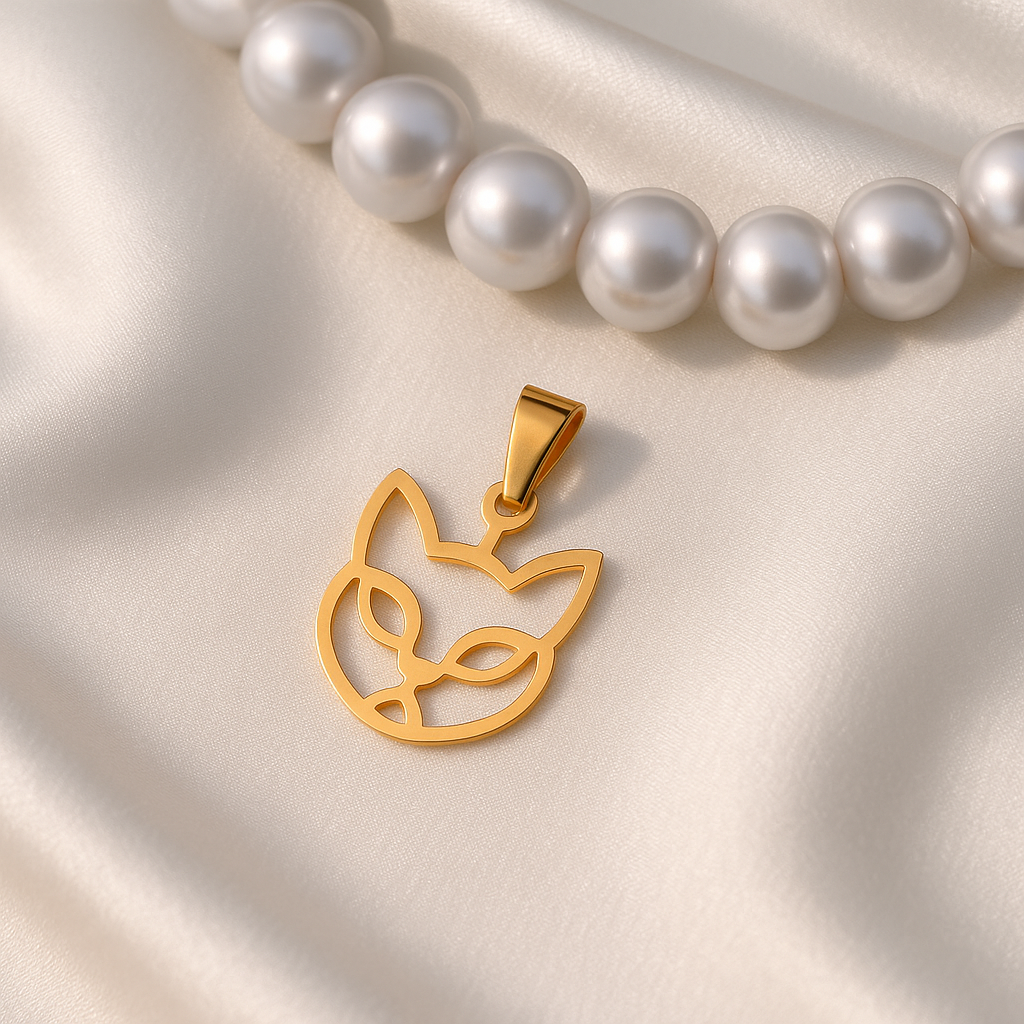 آویز طلا طرح گربه Tisagold روی زمینه ساتن سفید با زنجیر مروارید